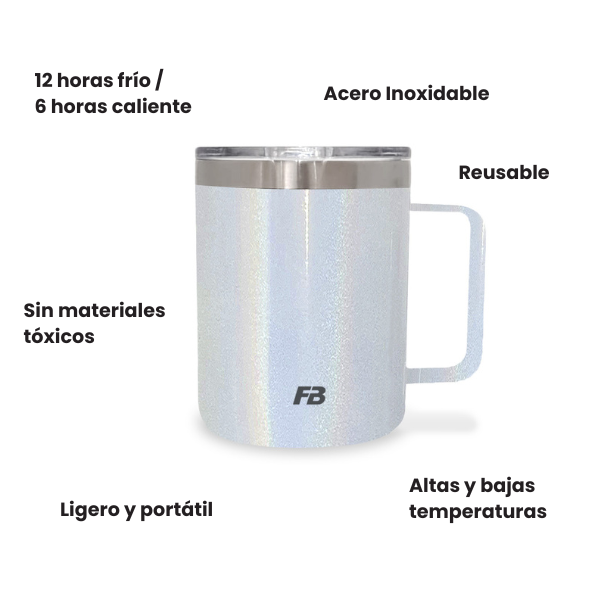 Taza Térmica 14 oz / 414 ml - Blanco Glitter - Acero Inoxidable