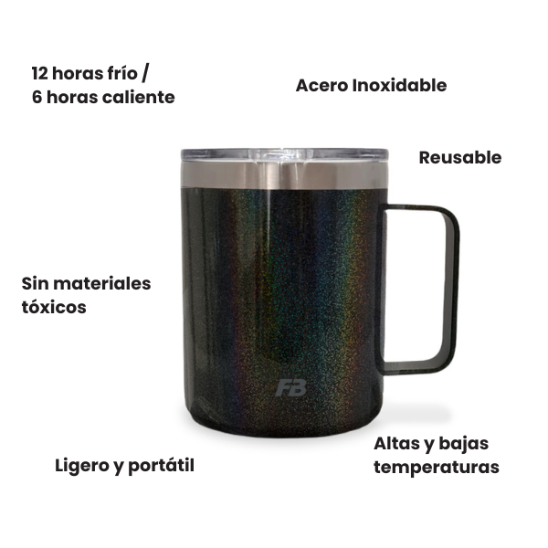 Taza Térmica 14 oz / 414 ml - Negro Glitter - Acero Inoxidable