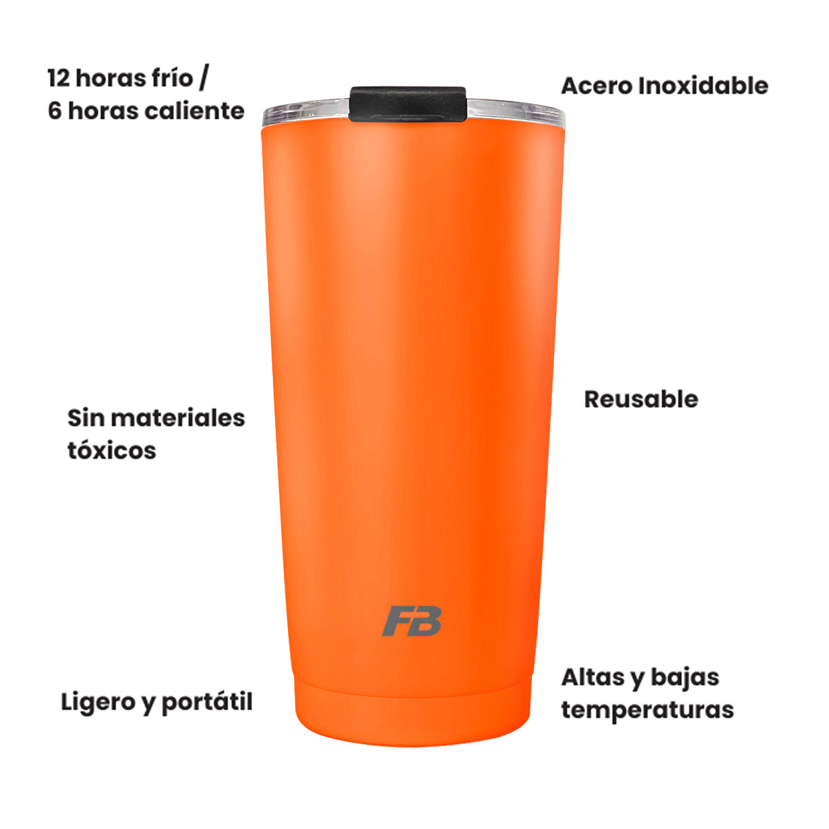 Vaso Térmico 20 oz / 591 ml - Naranja Neón - Acero Inoxidable