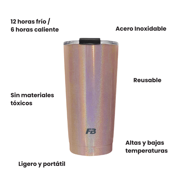 Vaso Térmico 20 oz / 591 ml - Bronce Glitter - Acero Inoxidable