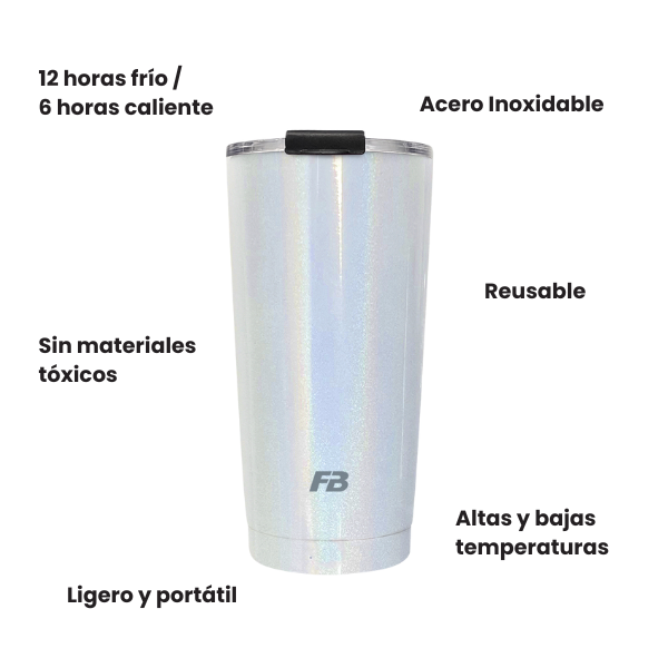 Vaso Térmico 20 oz / 591 ml - Blanco Glitter - Acero Inoxidable