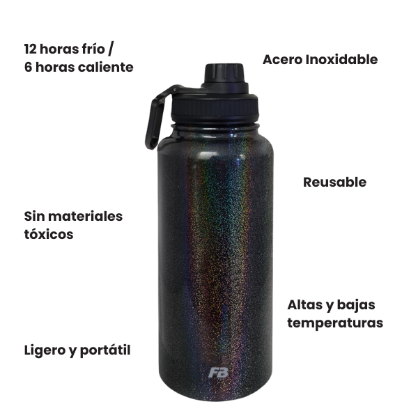 Termo 32 oz / 950 ml +12 hrs Calor +6 hrs Color Negro Glitter